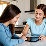 Home 8 The Digital Parent's Pact**
"A mother and teenage daughter sitting at a kitchen table in a bright, modern Italian home, reviewing a tablet together, fully clothed, appropriate attire, safe for work, perfect anatomy, natural pose, family-friendly, illustrating a 'digital pact' conversation, emphasizes trust and open communication, warm lighting, professional photograph."
**