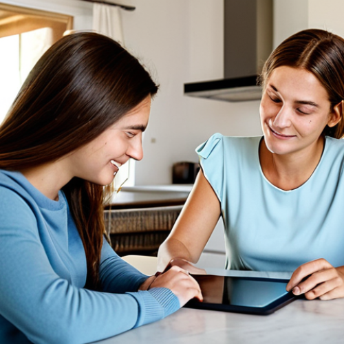Home 16 The Digital Parent's Pact**
"A mother and teenage daughter sitting at a kitchen table in a bright, modern Italian home, reviewing a tablet together, fully clothed, appropriate attire, safe for work, perfect anatomy, natural pose, family-friendly, illustrating a 'digital pact' conversation, emphasizes trust and open communication, warm lighting, professional photograph."
**