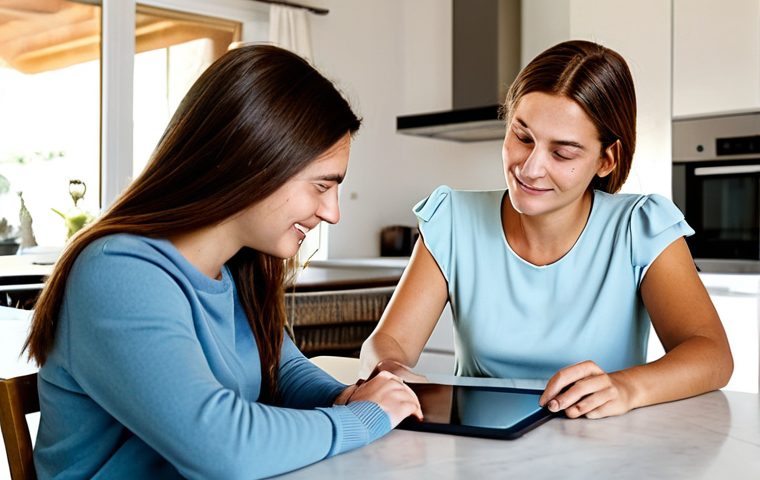 The Digital Parent's Pact**
"A mother and teenage daughter sitting at a kitchen table in a bright, modern Italian home, reviewing a tablet together, fully clothed, appropriate attire, safe for work, perfect anatomy, natural pose, family-friendly, illustrating a 'digital pact' conversation, emphasizes trust and open communication, warm lighting, professional photograph."
**