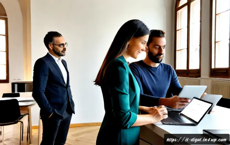 디지털 기술의 도입과 변화 관리 전략 - Photorealistic modern Italian small business office in Milan, diverse team of adult professionals ga...