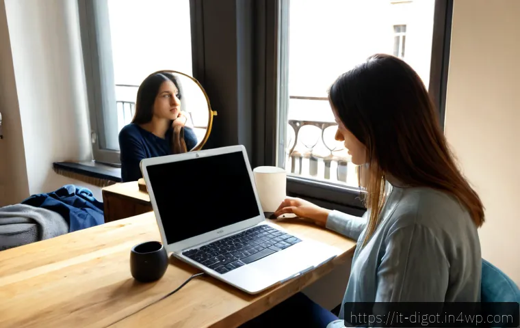 Home 15 디지털 환경에서의 자아 정체성 유지 - Photorealistic Italian woman in her early 30s sitting at a tidy home-office desk in a sunlit Milan a...